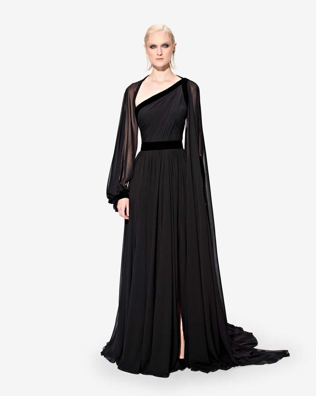 long flowy one shoulder dress Draped evening dresses for women
