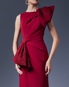 Asymmetrical Bow Ruffled Sheath Long Dress - Sandy Nour