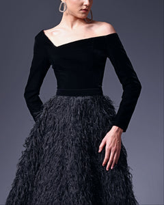 Black Off-the-Shoulder Asymmetrical  Gown - Sandy Nour