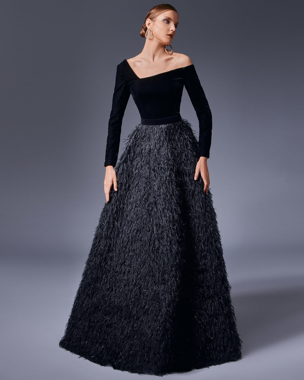 Black Off the Shoulder Asymmetrical Gown Sandy Nour