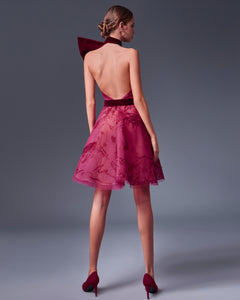 Halter Velvet Bow Doodle Mini Dress - Sandy Nour