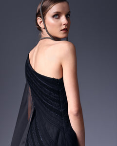One Shoulder Black Sheath Striped Dress - Sandy Nour
