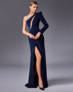 One Shoulder Pleated Velvet Open Slit  Dress - Sandy Nour