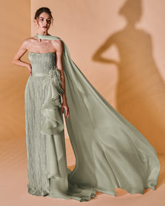 Sweeping Tail Ruffled Organza Dress - Sandy Nour