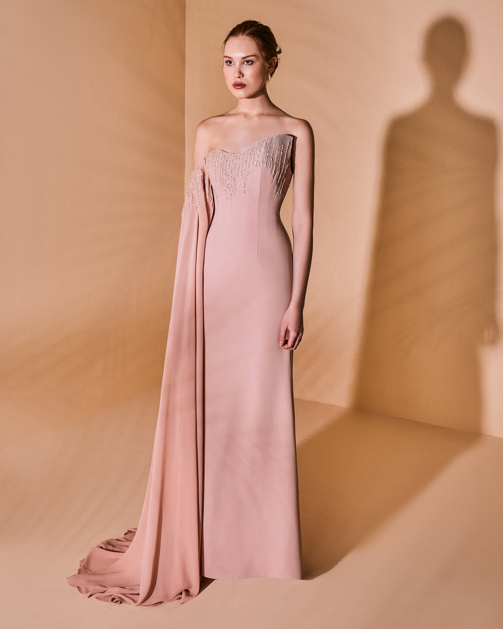 Beaded Asymmetrical Batwing Sleeve Crepe Dress – SANDY NOUR