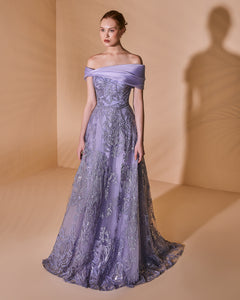 Embroidered Asymmetric Off The Shoulder Gown - Sandy Nour