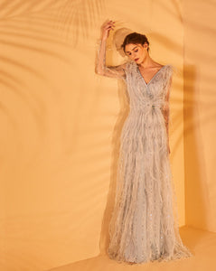 Long Sleeve Beaded Feather Envelop Dress - Sandy Nour