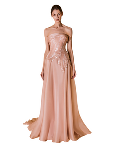 Beaded Leaf Strapless Flared Silk Organza Dress - Sandy Nour