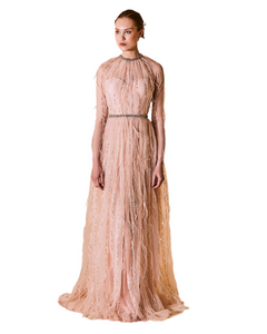 Draped Beaded Feather Illusion Dress - Sandy Nour