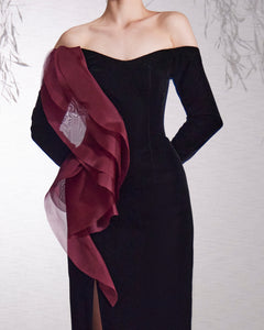 Off The Shoulder two color Detailed Velvet Dress