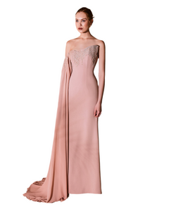 Beaded Asymmetrical Batwing Sleeve Crepe Dress - Sandy Nour