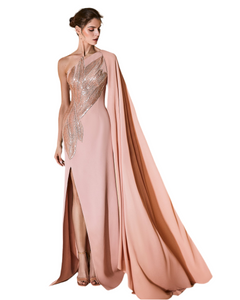 Beaded Leaf One Shoulder Batwing Sleeve Dress - Sandy Nour