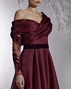 Asymmetric Off The Shoulder Velvet Leaves Dress