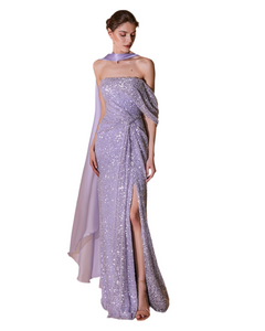 Strapless Asymmetrical Sequins Gown - Sandy Nour