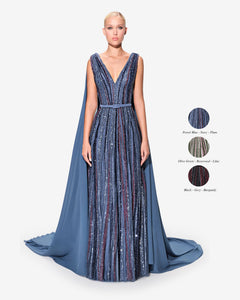 Hand Beaded Linear V Neck Dress 40FR - 12UK - 8US / Olive Green - Rosewood - Lilac Hand Beaded Linear V Neck Dress 40FR - 12UK - 8US / Olive Green - Rosewood - Lilac