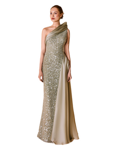 Drapped Peak One Shoulder Sequins Dress - Sandy Nour