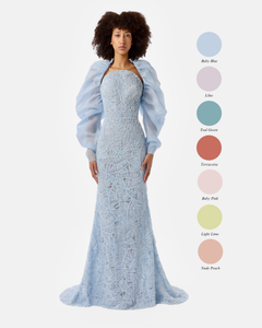 Oval Strapless Beaded Dress with Gathered Bolero Sleeves SANDY NOUR Oval Strapless Beaded Dress with Gathered Bolero Sleeves SANDY NOUR