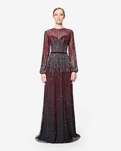 Fully Beaded Bishop Sleeves Dress 38FR - 10UK - 6US / Petrol - Navy - Plum Fully Beaded Bishop Sleeves Dress 38FR - 10UK - 6US / Petrol - Navy - Plum