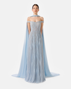 Off The Shoulder Hand Beaded Dress with Shawl 42FR - 14UK - 10US / Nude Peach 25 Off The Shoulder Hand Beaded Dress with Shawl 42FR - 14UK - 10US / Nude Peach 25