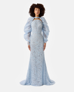 Oval Strapless Beaded Dress with Gathered Bolero Sleeves – SANDY NOUR