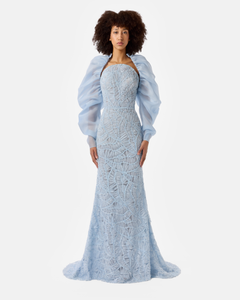 Oval Strapless Beaded Dress with Gathered Bolero Sleeves – SANDY NOUR