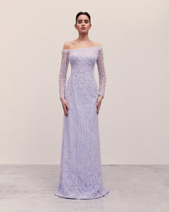 Asymmetric Off The Shoulder Fully Beaded Dress