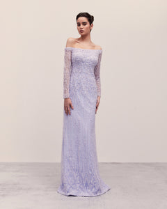 Asymmetric Off The Shoulder Fully Beaded Dress