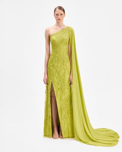 Beaded Embroidered One Shoulder Batwing Sleeve Dress 42FR - 14uk - 10Us / Beige 25 Beaded Embroidered One Shoulder Batwing Sleeve Dress 42FR - 14uk - 10Us / Beige 25