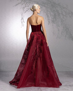Strapless Straight Across Velvet Embroidered Dress