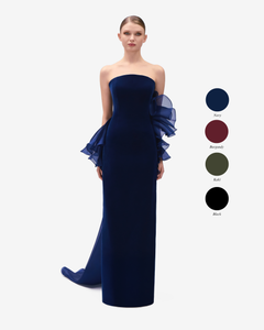 navy blue velvet strapless dress Navy Blue Velvet Dress - Tie-Front Dress - Strapless Maxi Dress