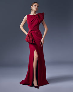 Asymmetrical Bow Ruffled Sheath Long Dress - Sandy Nour