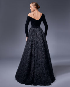 Black Off-the-Shoulder Asymmetrical  Gown - Sandy Nour