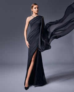 One Shoulder Black Sheath Striped Dress - Sandy Nour