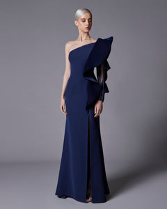 One Shoulder Wave Ruffled Velvet Dress