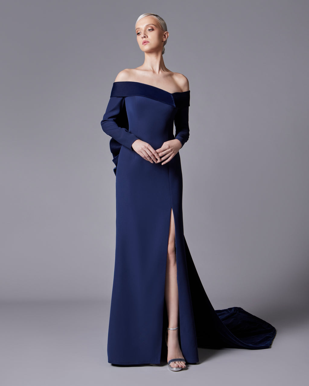 Off-the-Shoulder Asymmetrical Half Bow Crepe Gown – Sandy Nour