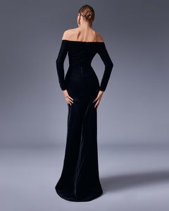 Off-the-Shoulder Asymmetrical Open Slit Velvet Gown - Sandy Nour