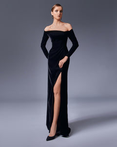 Off-the-Shoulder Asymmetrical Open Slit Velvet Gown - Sandy Nour