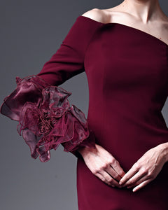 One Shoulder Coquelicot Flower Sleeve Dress - Sandy Nour