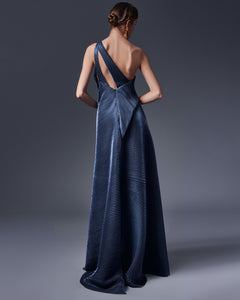One Shoulder Pleated Metallic Flared Dress - Sandy Nour