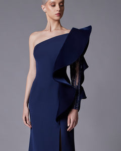 One Shoulder Wave Ruffled Velvet Dress
