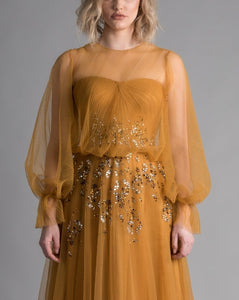 Pleated Poet Sleeves Crystal Moon Dress - Sandy Nour