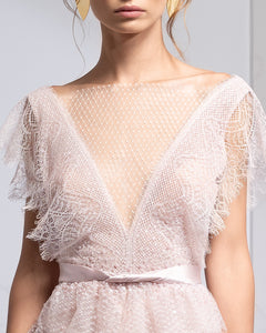 Illusion V-Neck Tiered Butterfly Sleeve Dress - Sandy Nour