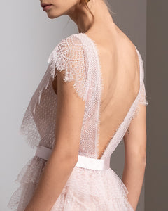 Illusion V-Neck Tiered Butterfly Sleeve Dress - Sandy Nour