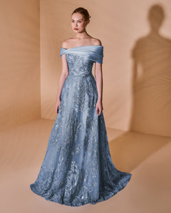Embroidered Asymmetric Off The Shoulder Gown - Sandy Nour