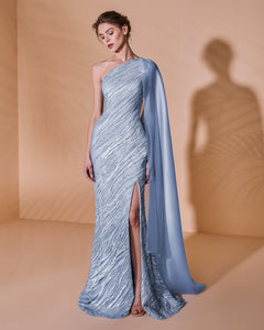 One Shoulder Open Slit Embroidered Dress - Sandy Nour