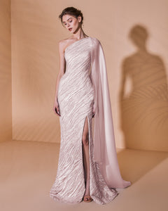 One Shoulder Open Slit Embroidered Dress - Sandy Nour