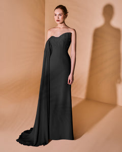 Beaded Asymmetrical Batwing Sleeve Crepe Dress - Sandy Nour