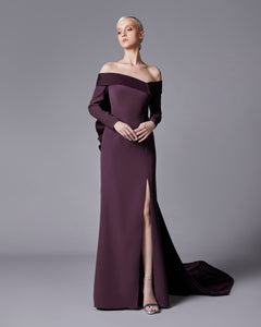 Off-the-Shoulder Asymmetrical Half Bow Crepe Gown