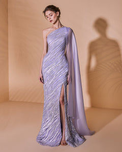 One Shoulder Open Slit Embroidered Dress - Sandy Nour