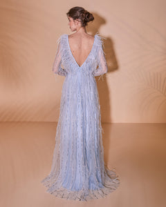 Long Sleeve Beaded Feather Envelop Dress - Sandy Nour